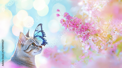 Whimsical cat with butterfly wings sits among blooming flowers, creating magical atmosphere filled with vibrant colors