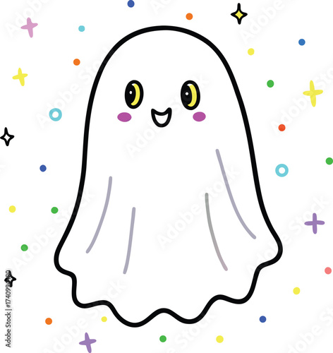 Adorable kawaii ghost character with big eyes and blushing cheeks surrounded by sparkling stars and colorful confetti