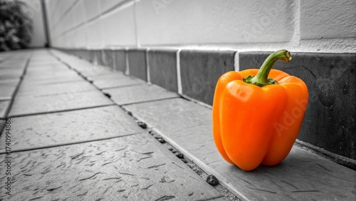 Minimalist composition of a single fruit or vegetable (e.g., a bright orange bell pepper) placed dramatically against a monochrome backdrop.