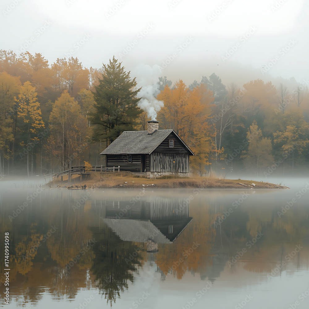 Obraz premium Cozy Cabin on Foggy Lake Island Surrounded by Autumn Trees