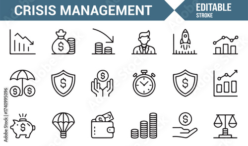 Vector line icon set of finance, planning, and protection concepts for business