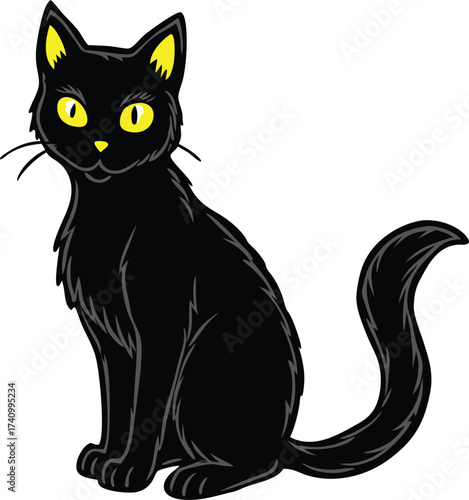 A charming black cat with bright yellow eyes sits patiently its tail curled elegantly against a clean white background