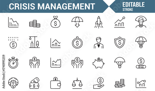 Editable stroke vector icons of financial risk, crisis, and recovery concepts
