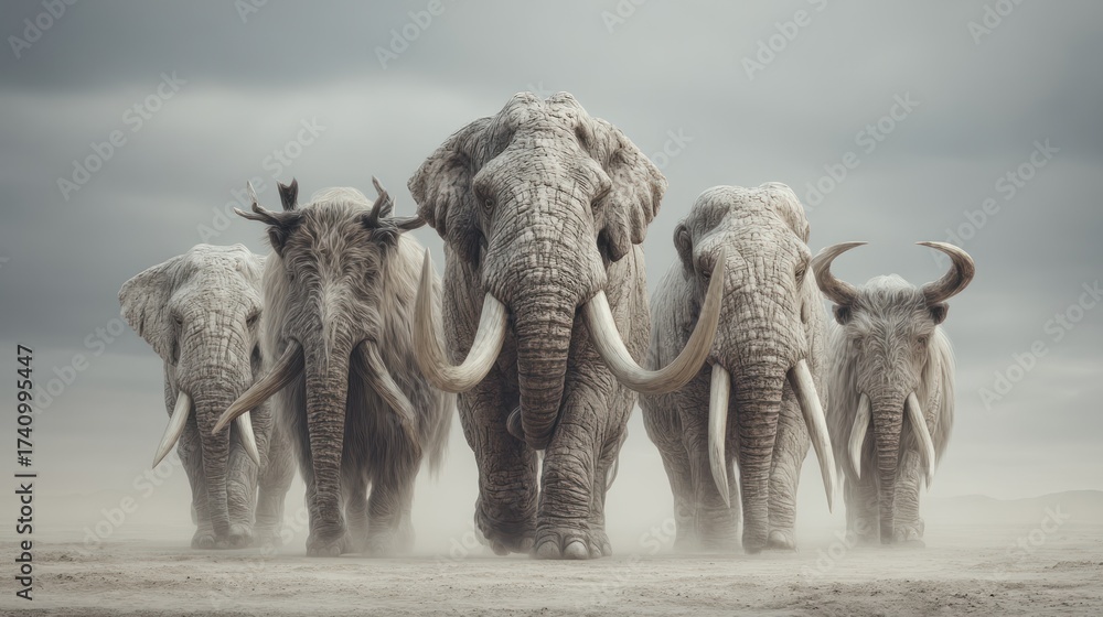 Fototapeta premium Spectacular gathering of woolly mammoths trekking in a dusty, expansive landscape