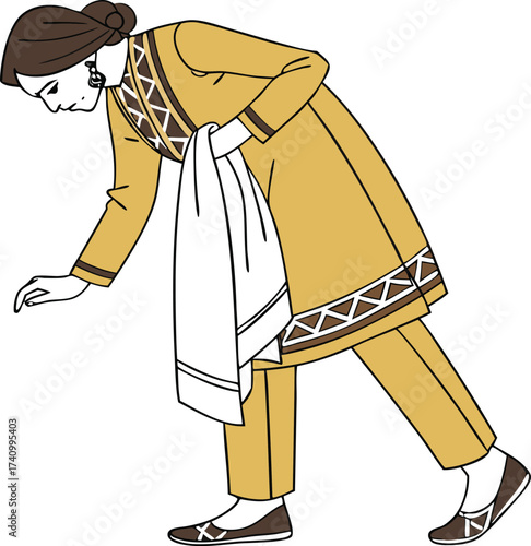 Traditional indigenous woman in native american clothing bending down in a humble gesture of respect and gratitude