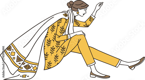 Elegant woman in traditional indian attire a yellow printed kurta with a white patterned dupatta posing gracefully with one hand raised