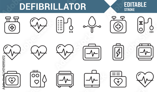 Defibrillator and medical technology icons pack for health and rescue design