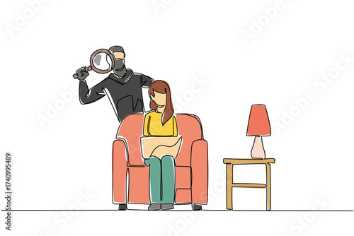 Continuous one line drawing woman sitting on sofa holds laptop and thief using magnifier. Secretly observing and hack. National Senior Fraud Awareness Day. Single line draw design vector illustration
