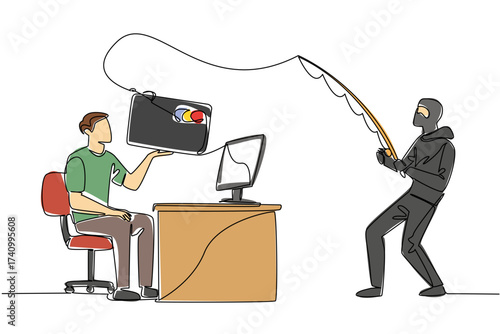 Single one line drawing man typing on laptop and thief fishing for large credit card. Indifference to data security. National Senior Fraud Awareness Day. Continuous line design graphic illustration