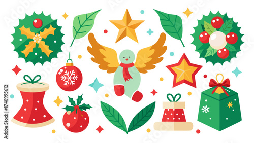 Vector art of festive christmas elements, including wreaths, angel, ornaments, stars, gifts, leaves, and holly berries for holiday designs