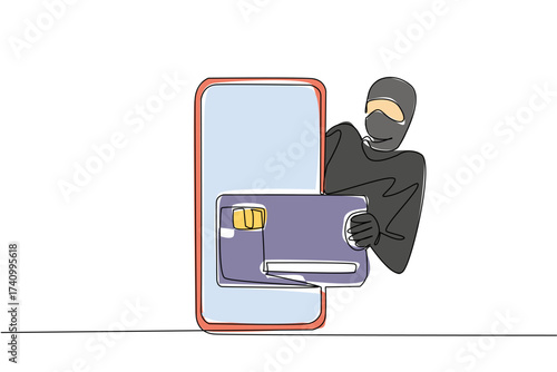 Single one line drawing thief appears from behind smartphone and takes out credit card from inside screen. Cyber crime. National Senior Fraud Awareness Day. Continuous line design graphic illustration