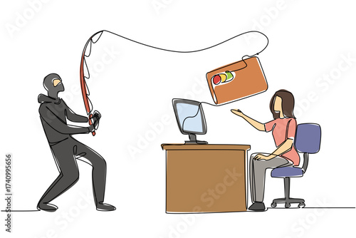 Single continuous line drawing woman typing on laptop and thief fishing for large credit card. Committing a crime. Hacker. National Senior Fraud Awareness Day. One line design vector illustration