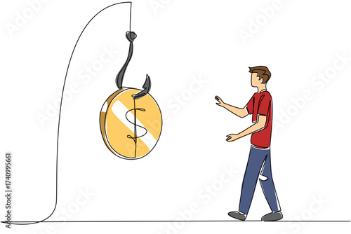 Single continuous line drawing a man chasing hook with coins attached to it. Fooled by fake investment lures. Too greedy. Loss. National Senior Fraud Awareness Day. One line design vector illustration