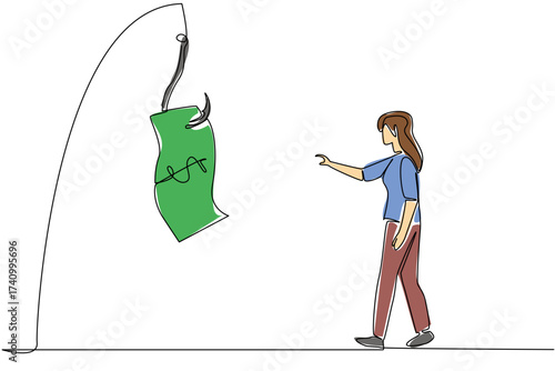 Single continuous line drawing a woman is chasing a hook with a dollar bill attached to it. Instant way to earn money. Trap. National Senior Fraud Awareness Day. One line design vector illustration