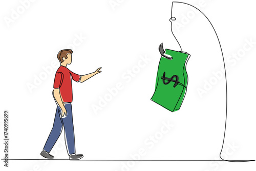 Single one line drawing a man is chasing a hook with a dollar bill attached to it. Lured into fake investments. Trap. National Senior Fraud Awareness Day. Continuous line design graphic illustration