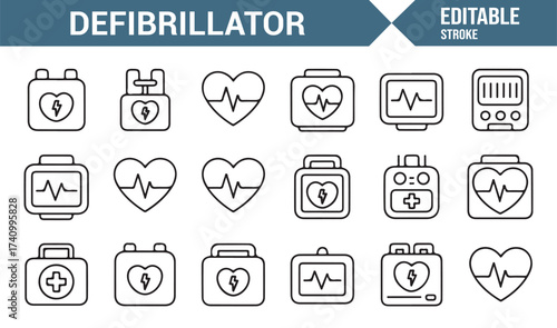 Editable stroke defibrillator symbols set for doctor, hospital, and nurse use