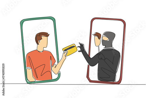 Continuous one line drawing a man is out of his smartphone handing his credit card to a thief. Manipulation for profit. National Senior Fraud Awareness Day. Single line draw design vector illustration