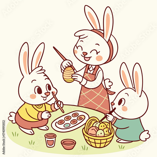 Cute cartoon bunnies family happily painting and decorating easter eggs together at a table outdoors