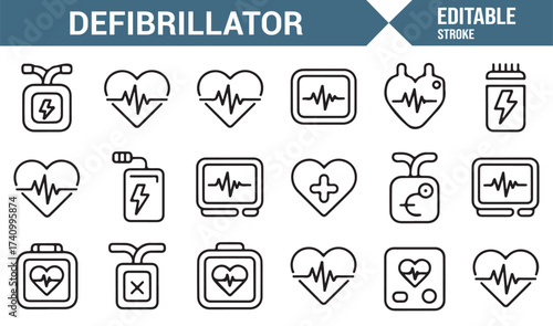Linear vector icons of medical devices, defibrillators, and heart care equipment