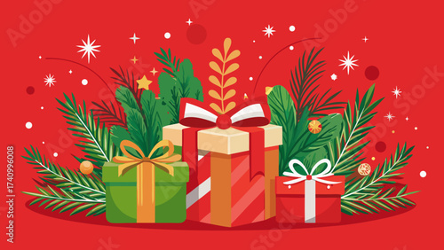 Vector art of a delightful christmas scene featuring wrapped gifts, complemented by lush greenery and twinkling stars, evoking a sense of warmth and holiday cheer