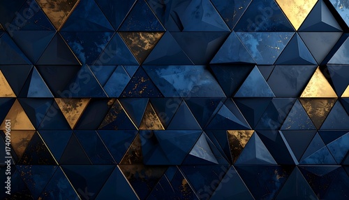 Abstract 3D rendering of textured, geometric triangles, featuring metallic gold and deep blue hues. Varied elevations and light play create depth