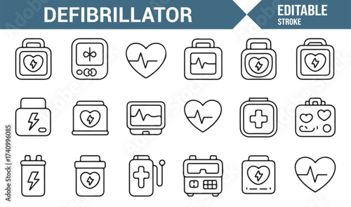 Medical defibrillator device outline icons for hospital and cardiology design