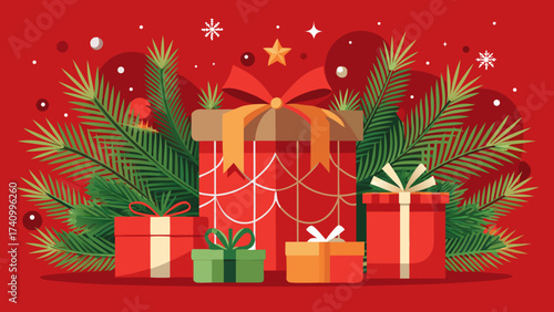 Vector art of a delightful christmas scene featuring beautifully wrapped gifts, tied with elegant ribbons, and complemented by lush pine branches, capturing the spirit of giving
