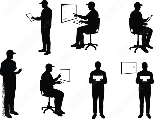 Silhouette figures, digital device use, tablet reading, computer interaction, office work, professional stance, productivity concept, posture study, communication, technology, behavior