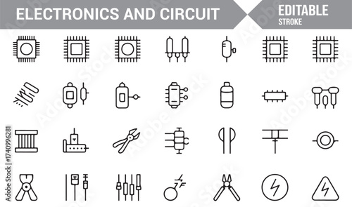 Simple vector line art icons of electronics, wiring, and circuit board components