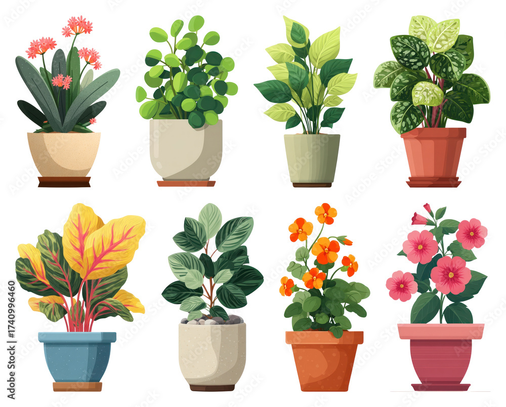 Fototapeta premium PNG Vibrant potted plants illustration, element set on transparent background