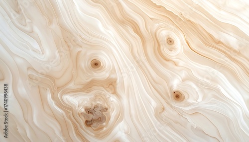 Abstract close-up of a wooden surface with intricate, swirling grain patterns in shades of light brown and cream, showcasing natural texture