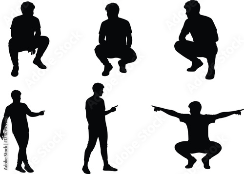 Silhouette figures, squatting pose, seated gesture, pointing stance, casual posture, body language, gesture study, communication concept, human stance, posture, behavior