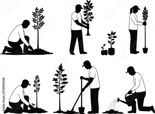 Silhouette figures, tree planting, gardening activity, watering plants, digging soil, environmental care, sustainability, ecology concept, nature growth, nurture, posture, behavior