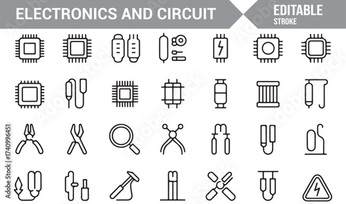 Minimal line icon set of electronic parts, chips, and power symbols for tech use