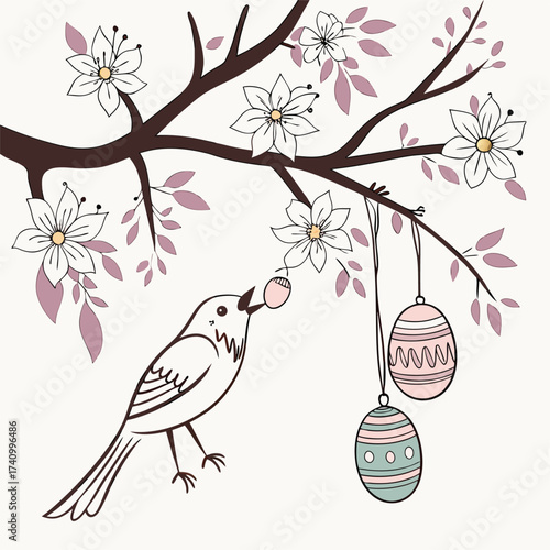 Charming hand drawn bird perched on a branch with delicate blossoms and hanging easter eggs