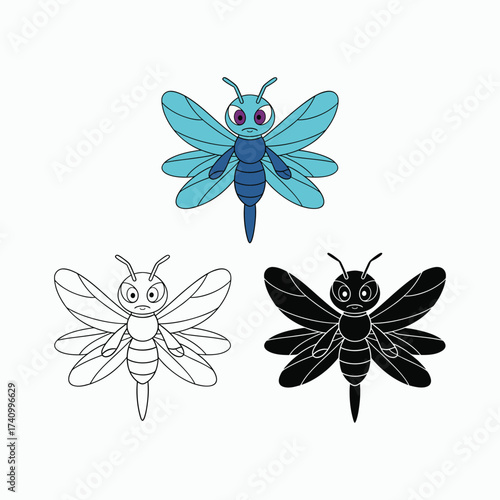 Dragonfly Insect Silhouette Outline Colorful Wing Animal Nature Design Vector Illustration
