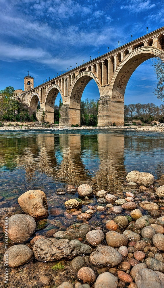 Naklejka premium Stone bridge arches over calm river with sky reflection and rocky foreground