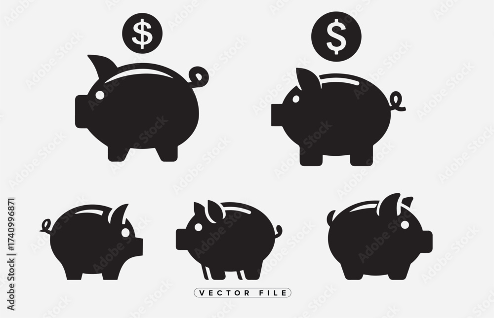 Fototapeta premium Black and white piggy bank icons showing different perspectives and angles