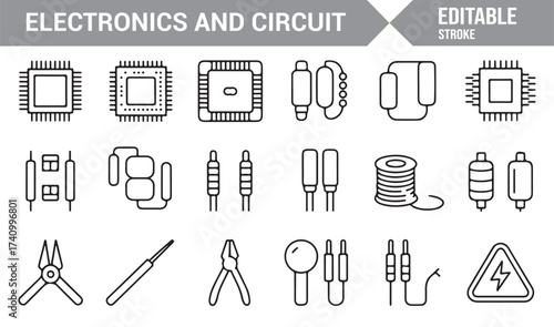 Vector outline electronics icons pack for energy, power, and hardware concepts