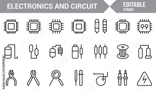 Editable stroke electronic component icons with chip, wire, and resistor design