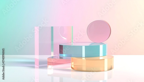 Abstract composition featuring transparent geometric shapes with reflections against a gradient backdrop of pastels