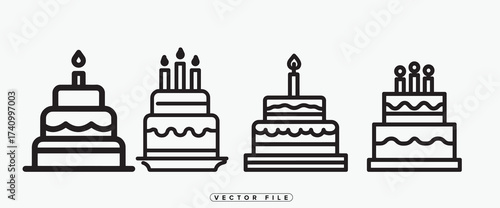 Four black and white line art illustrations of tiered birthday cakes