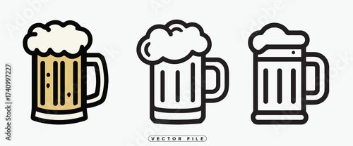 Three stylized beer mugs with frothy foam vector illustration design
