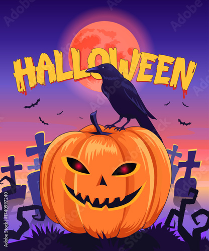 Colorful Halloween poster with pumpkin and red moon