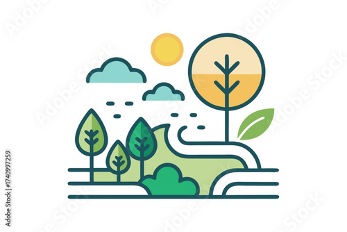 Ecosystem tree river sun combination nature harmony symbol  