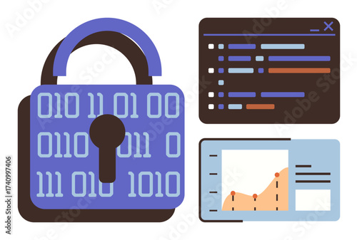 Padlock with binary code pattern, coding interface, analytics graph representing cybersecurity, data protection. Ideal for online safety, encryption, data analysis, coding, privacy tech concepts