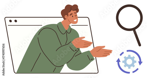 Man emerging from browser window gesturing conversationally, accompanied by a magnifying glass icon and gear with circular arrows. Ideal for innovation, teamwork, solution, research, analysis