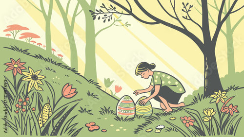A young girl enjoys a sunny spring day searching for colorful easter eggs hidden amongst blooming flowers and trees