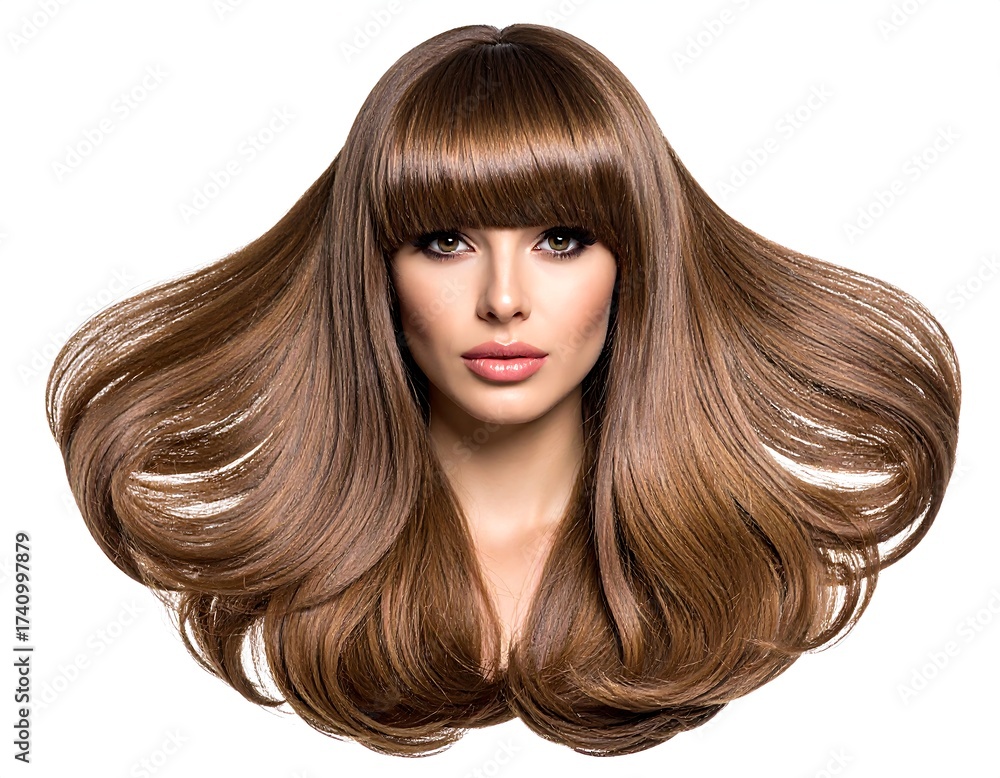 Naklejka premium A beautiful woman with long, flowing brown hair and bangs, gazing at the viewer. Her skin is smooth, and her lips are full