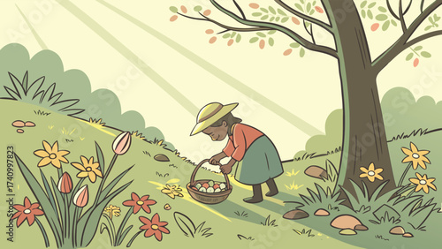 Young girl wearing a straw hat gathers flowers and mushrooms in a sunlit meadow during springtime with dappled light filtering through trees